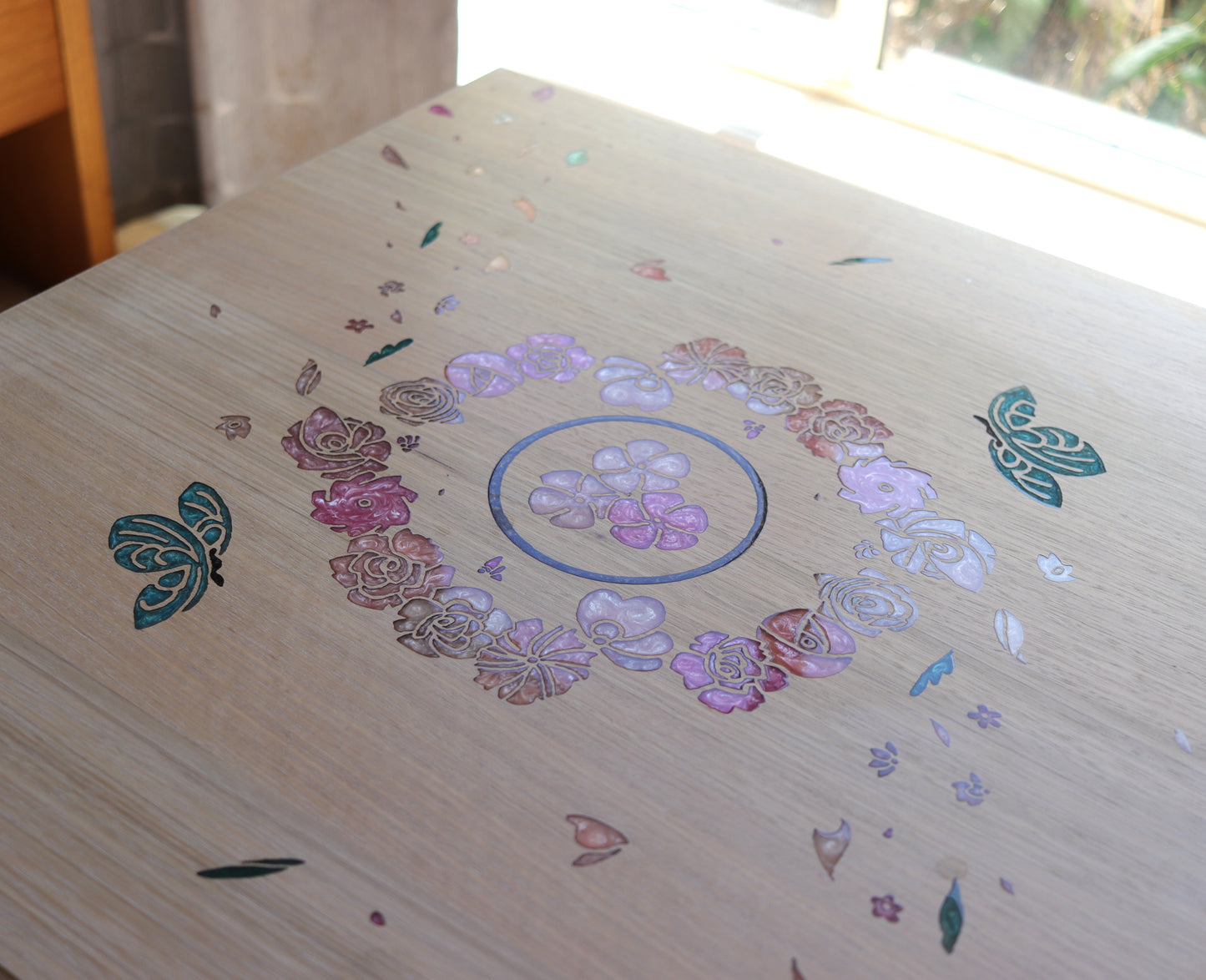 Resin Accent Table - Turquoise Butterflies and Pink Flowers