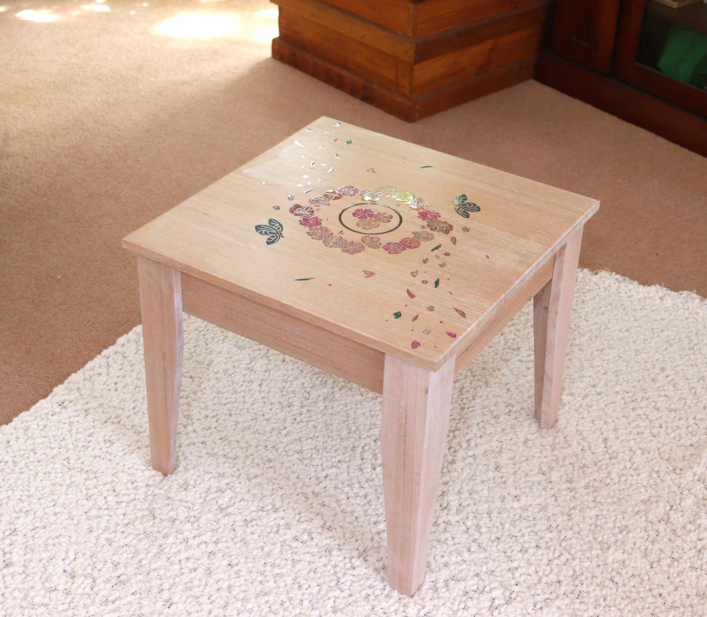 Resin Accent Table - Turquoise Butterflies and Pink Flowers