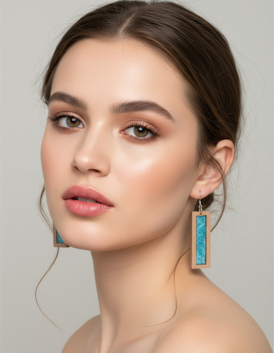 Woman wearing Blue Edge earrings with a neutral background