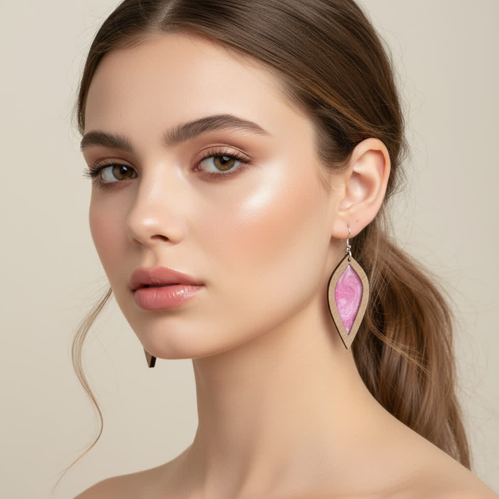 Woman wearing Petal Pink earrings with a neutral background