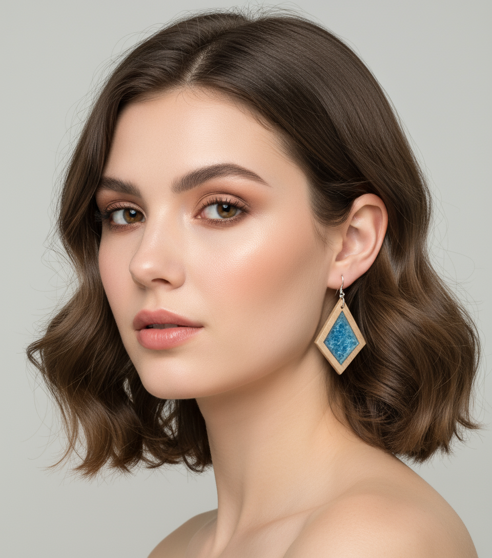 Woman wearing Coastal Shimmer earrings with a neutral background