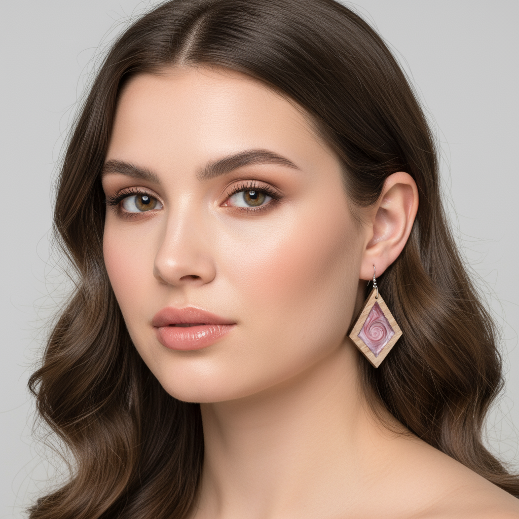 Woman wearing Ice Pink earrings with a neutral background