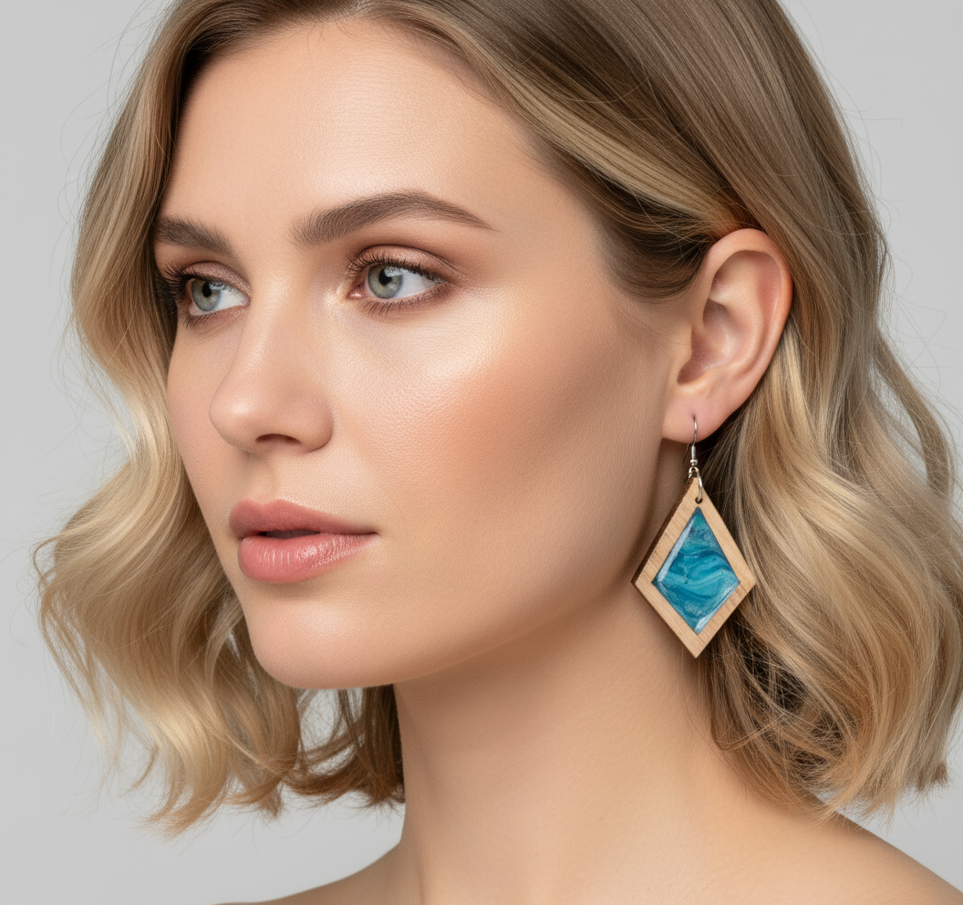 Woman wearing Ocean Blue earrings with a neutral background