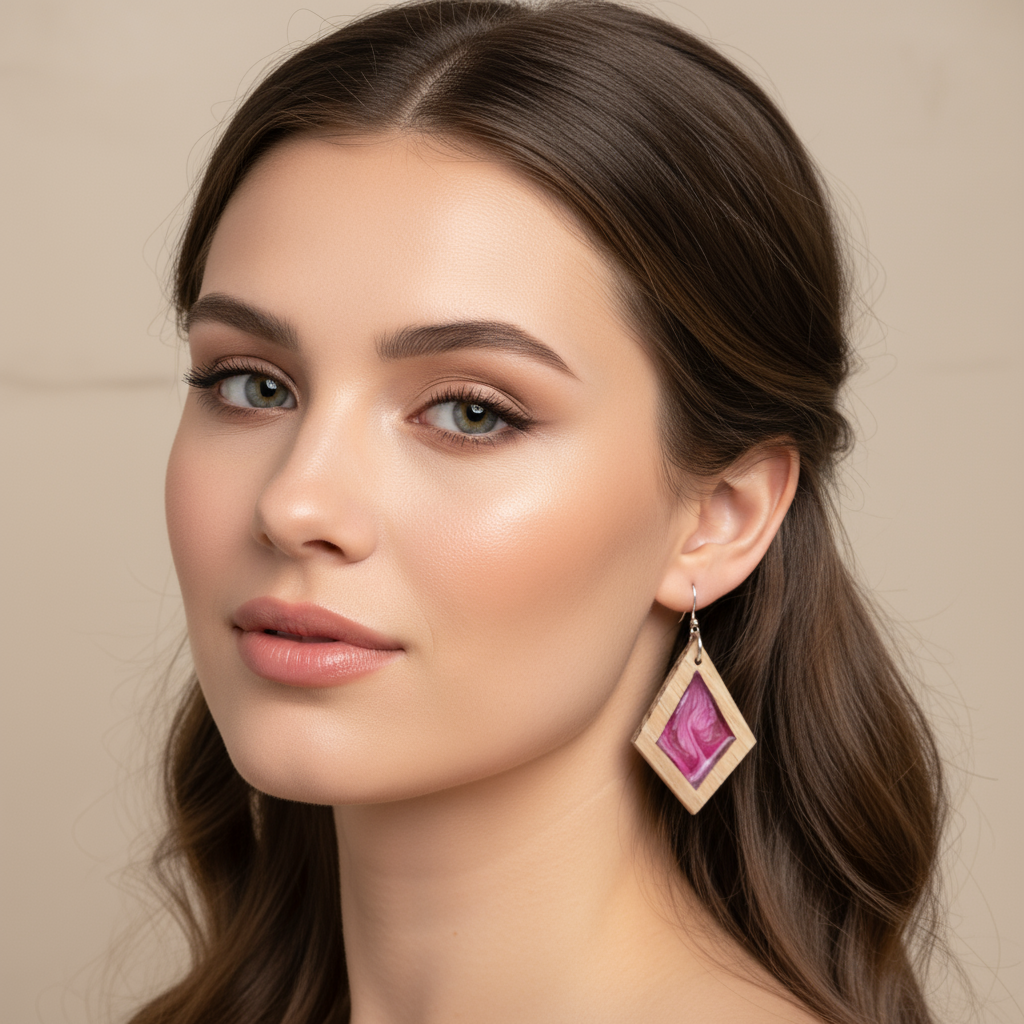 Woman wearing Petal Pink earrings with a neutral background