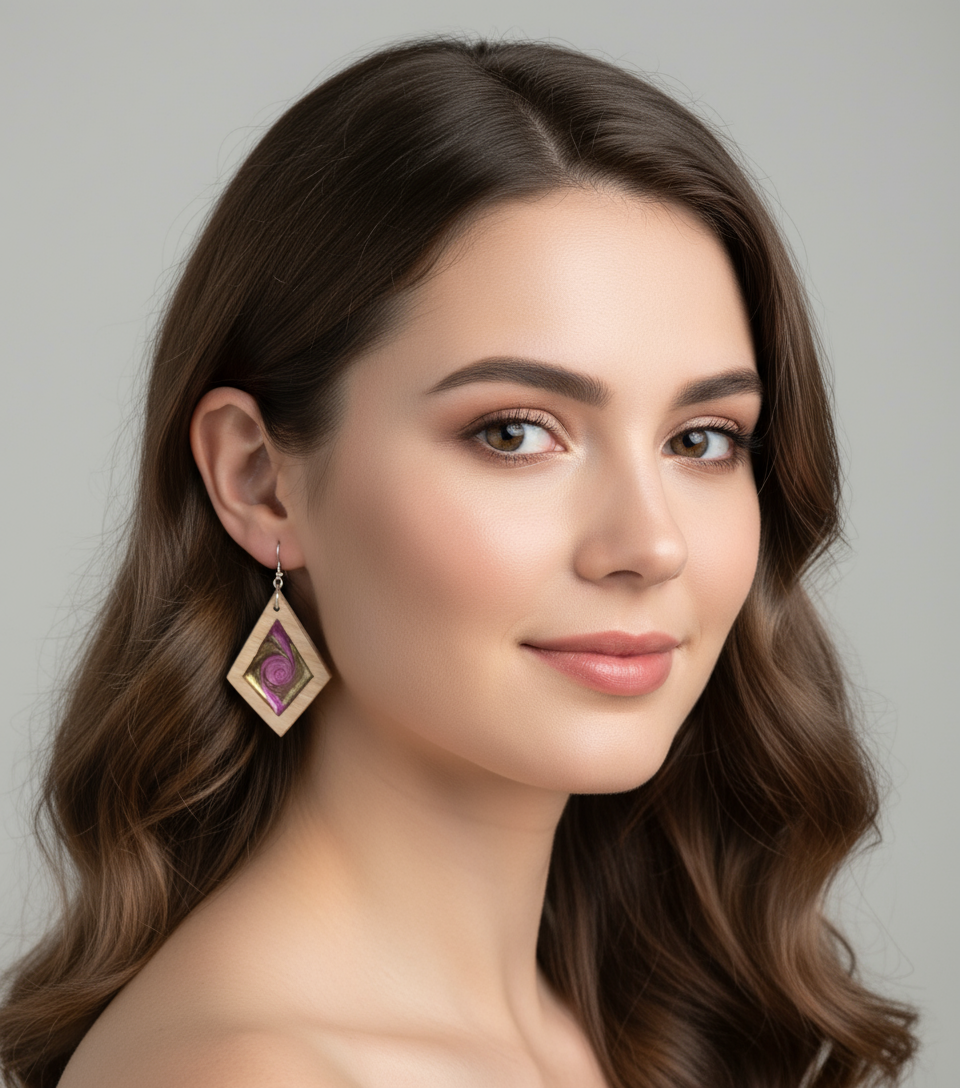 Woman wearing Pink Gold Swirl earrings with a neutral background