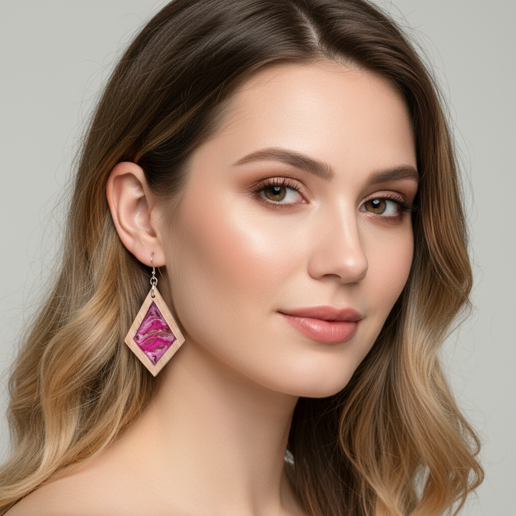 Woman wearing Pink Potion earrings with a neutral background