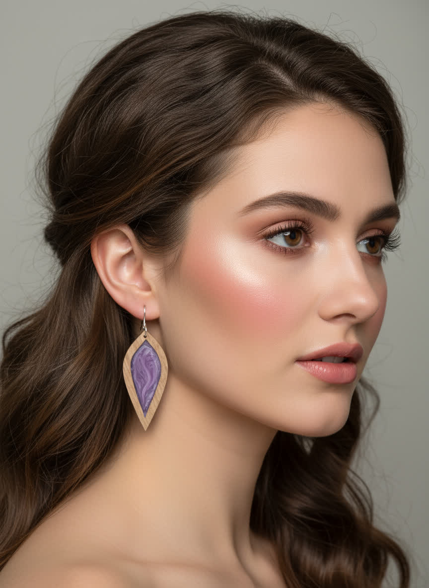 Woman wearing Purple Petal earrings with a neutral background