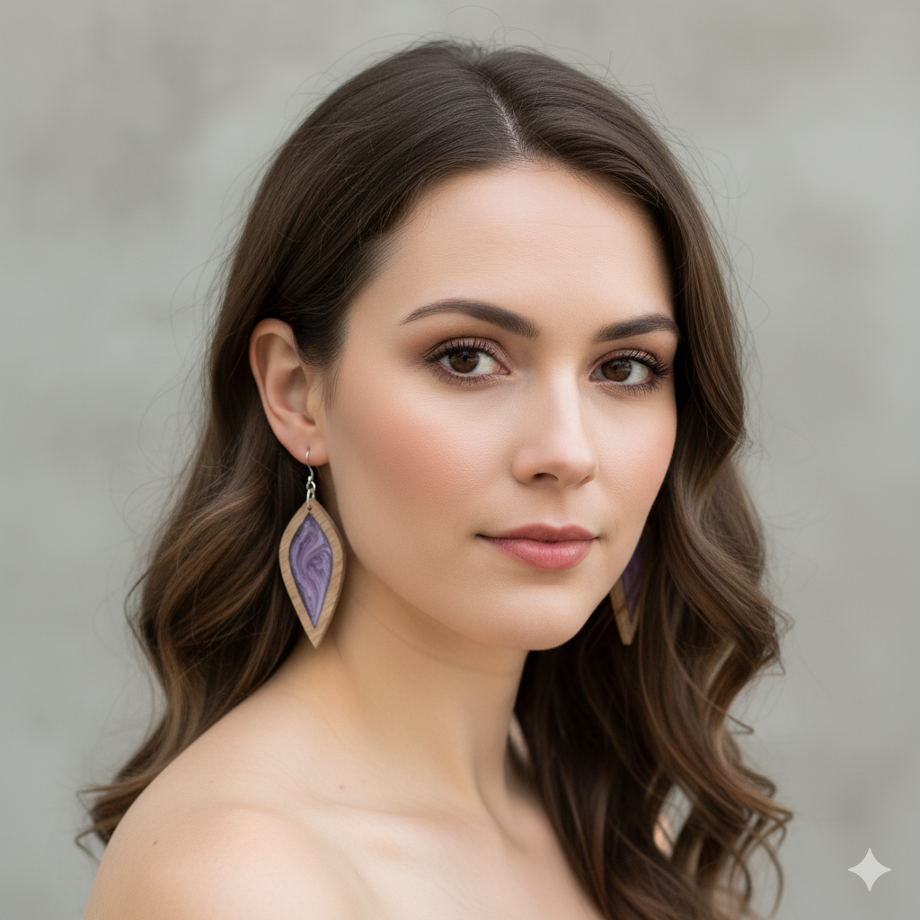 Woman wearing Purple Petal earrings with a neutral background