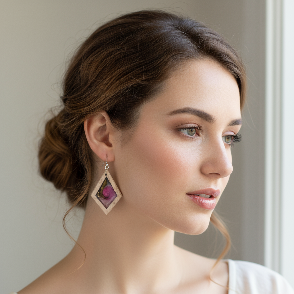 Woman wearing Rose Gold earrings with a neutral background