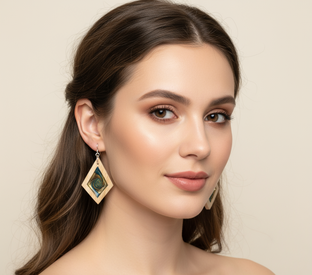 Woman wearing Turquoise Gold Swirl earrings with a neutral background