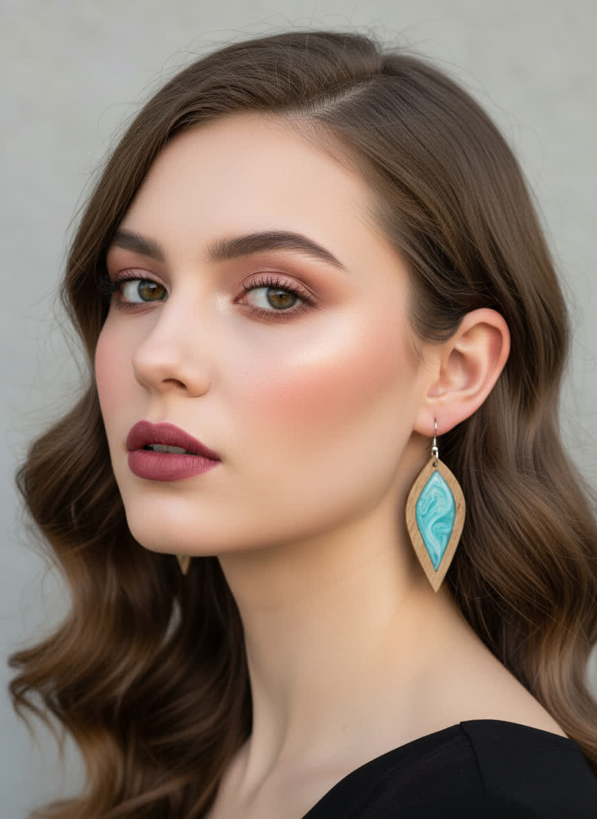 Woman wearing Turquoise Petal earrings with a neutral background