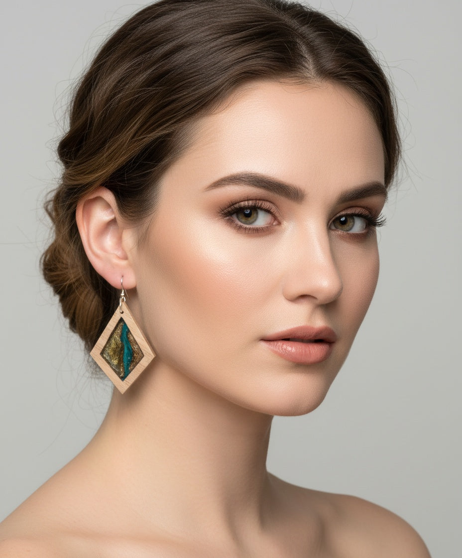 Woman wearing Turquoise Sands earrings with a neutral background