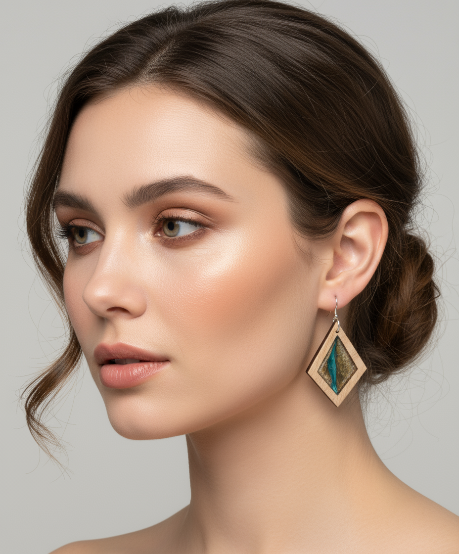 Woman wearing Turquoise Sands earrings with a neutral background