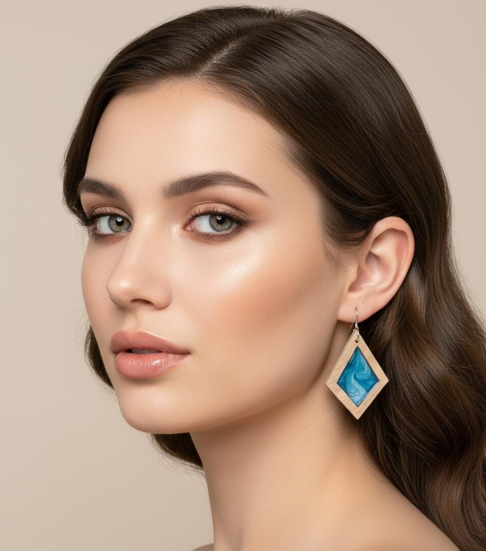 Woman wearing Wave Blue earrings with a neutral background