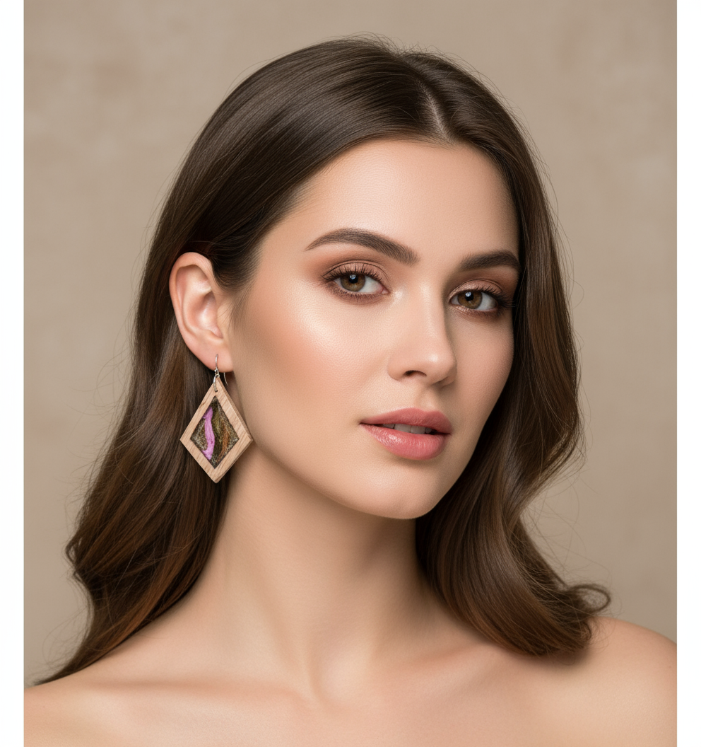 Woman wearing Wild Rose Pink earrings with a neutral background
