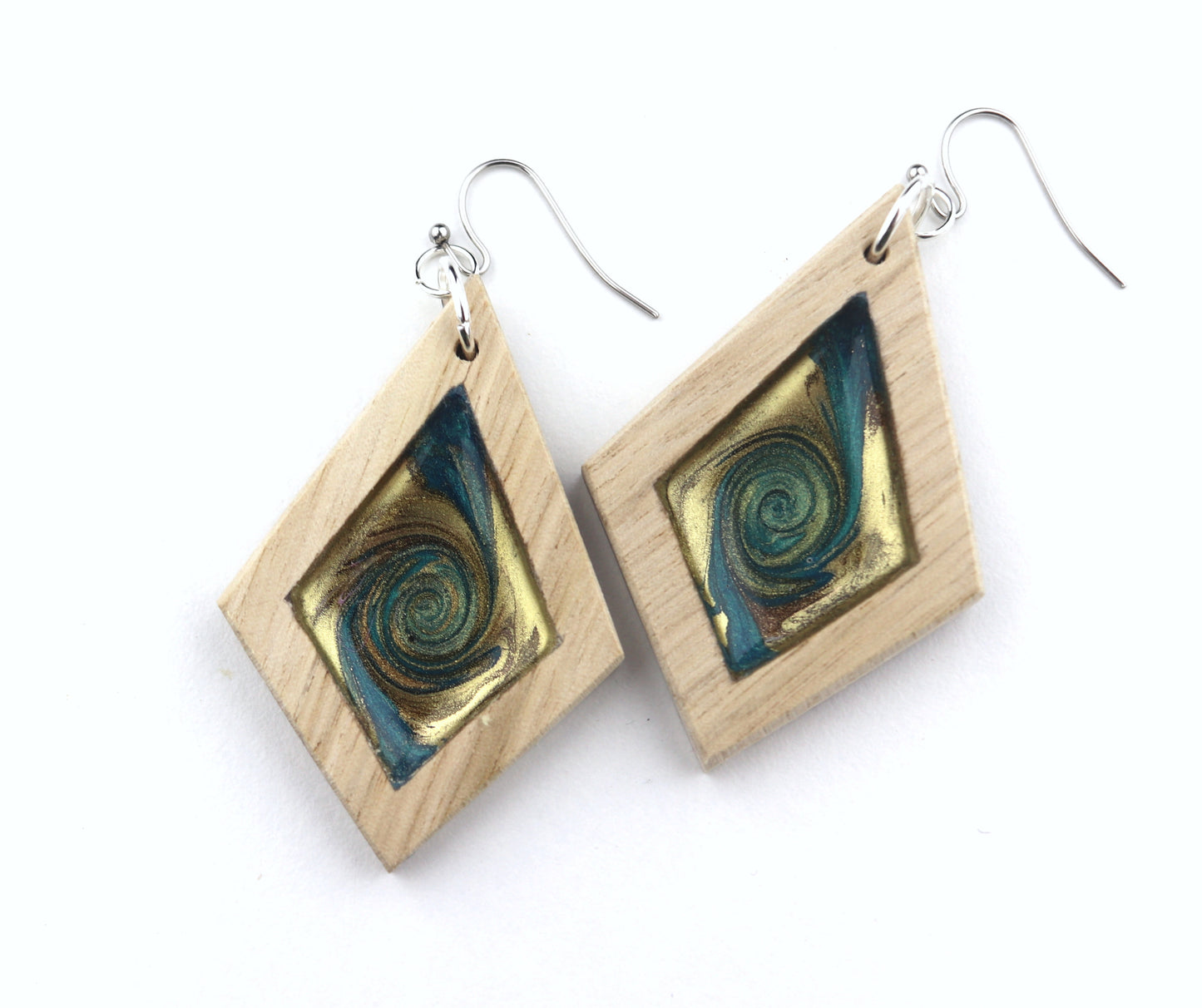 Aurora Earrings – Turquoise Gold Swirl – Wood & Resin Jewellery