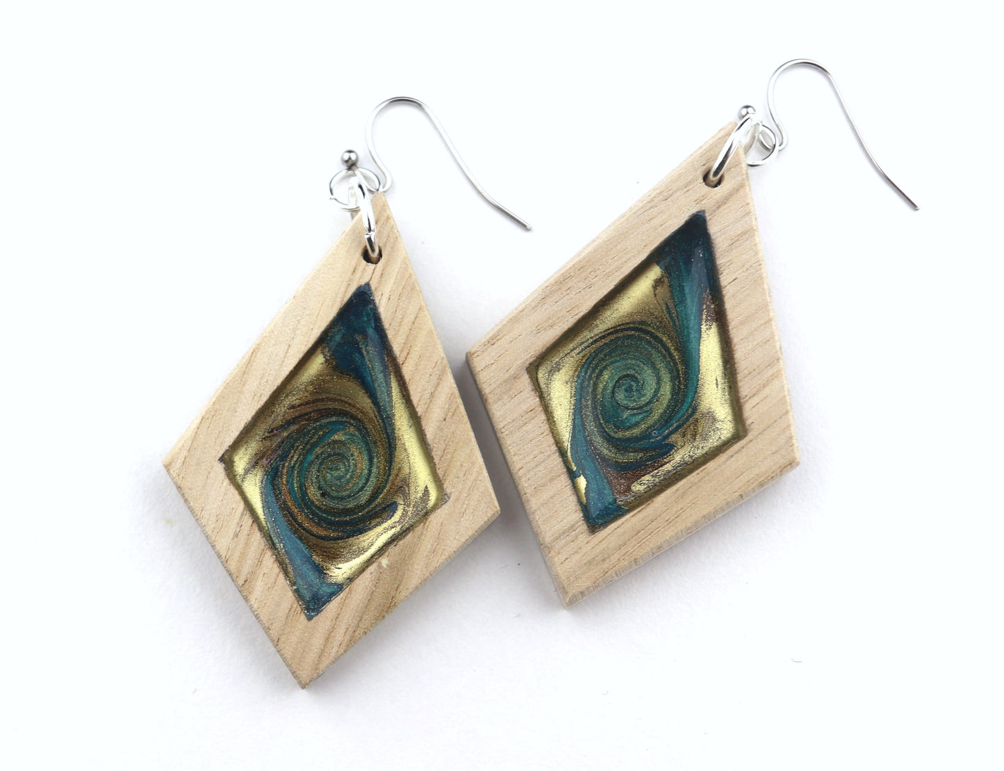 Aurora Earrings – Turquoise Gold Swirl – Wood & Resin Jewellery