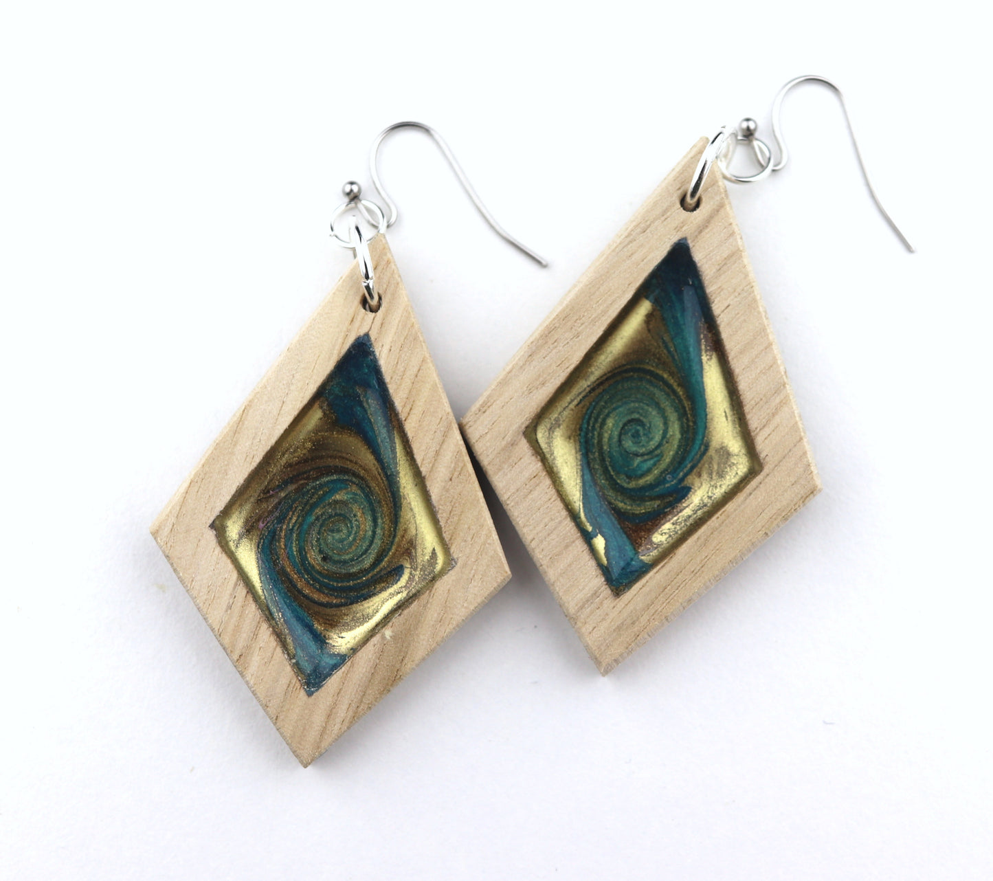 Aurora Earrings – Turquoise Gold Swirl – Wood & Resin Jewellery