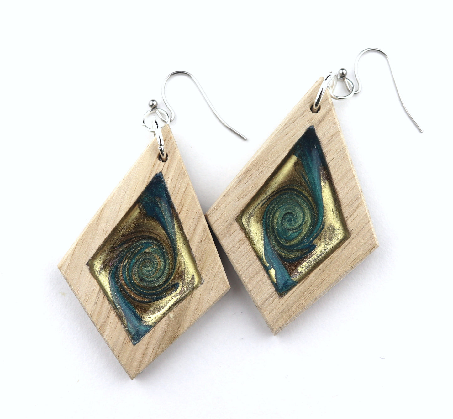 Aurora Earrings – Turquoise Gold Swirl – Wood & Resin Jewellery