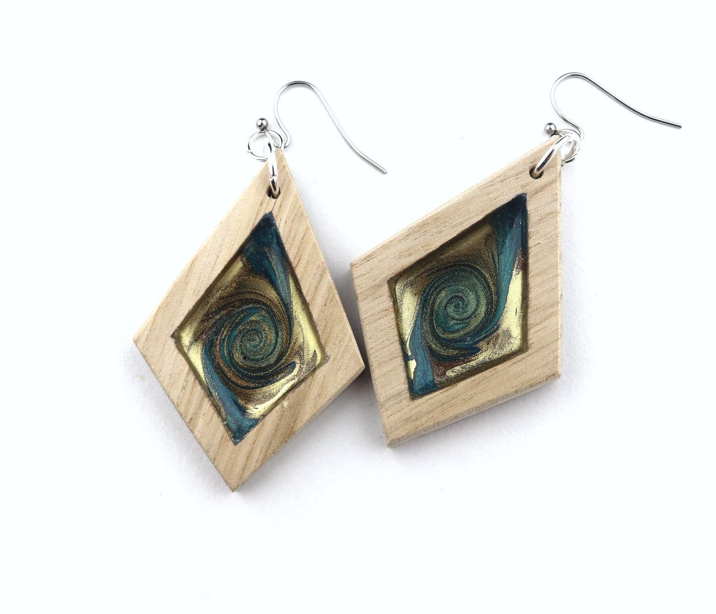 Aurora Wood Earrings in Turquoise Gold Swirl, handcrafted resin and wood earrings