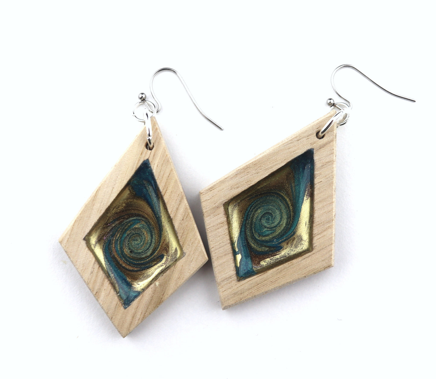 Aurora Earrings – Turquoise Gold Swirl – Wood & Resin Jewellery