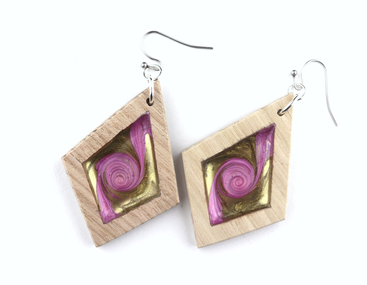 Aurora Earrings – Pink Gold Swirl – Wood & Resin Jewellery