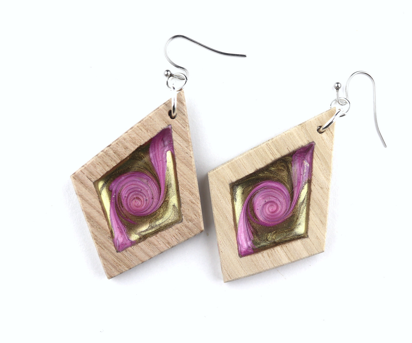 Aurora Earrings – Pink Gold Swirl – Wood & Resin Jewellery