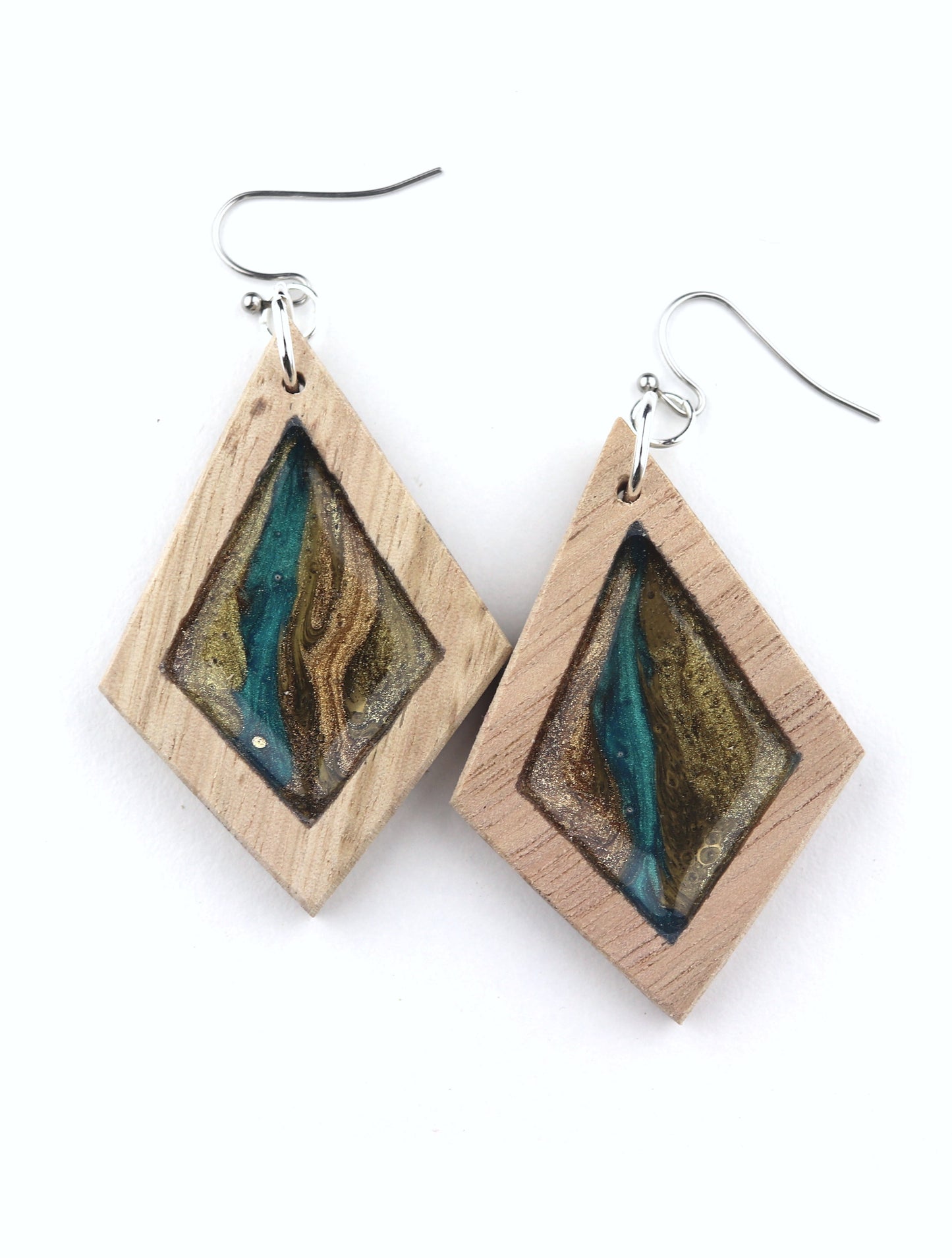 Aurora Earrings – Turquoise Sands Metallic – Wood & Resin Jewellery