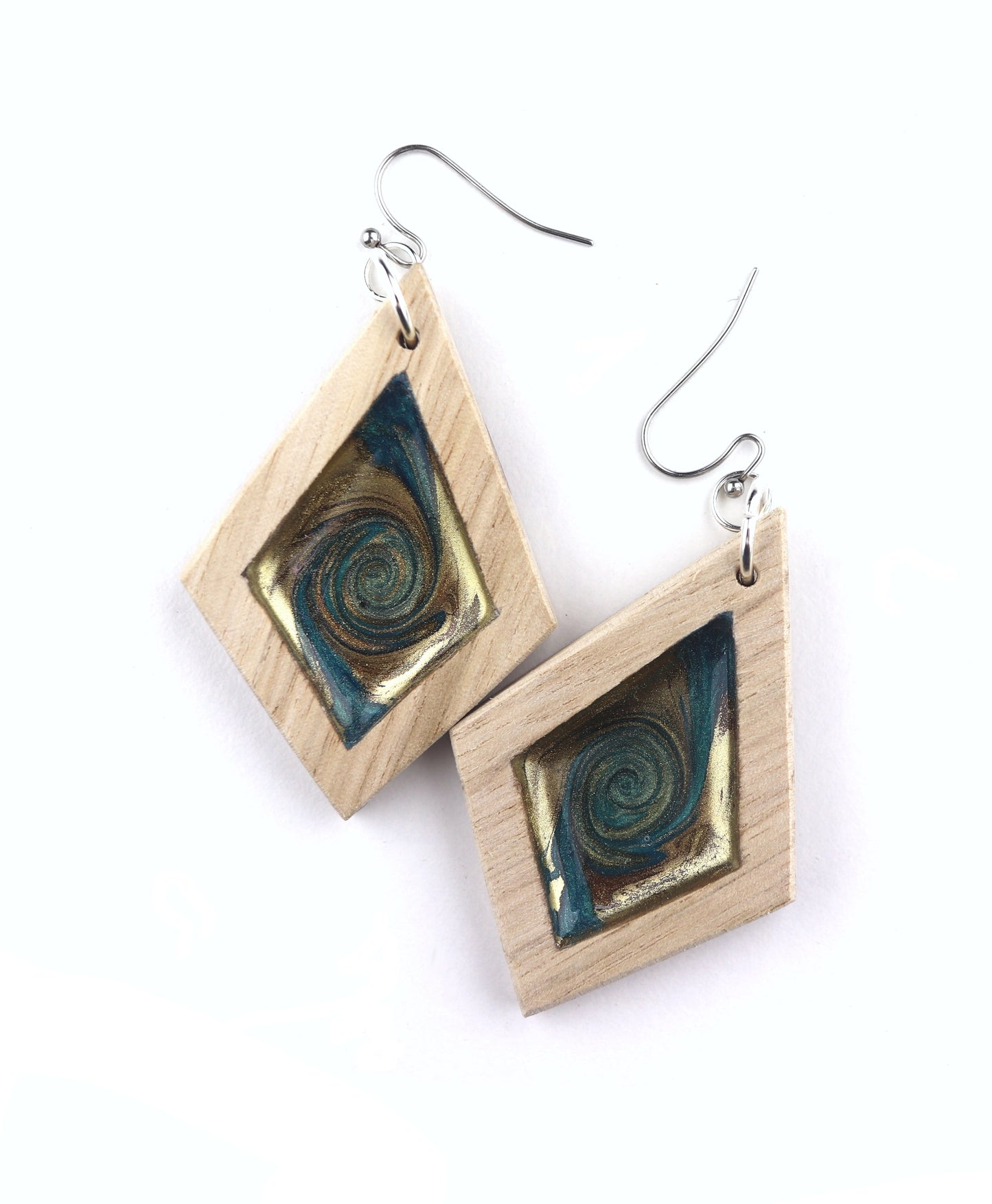 Aurora Earrings – Turquoise Gold Swirl – Wood & Resin Jewellery