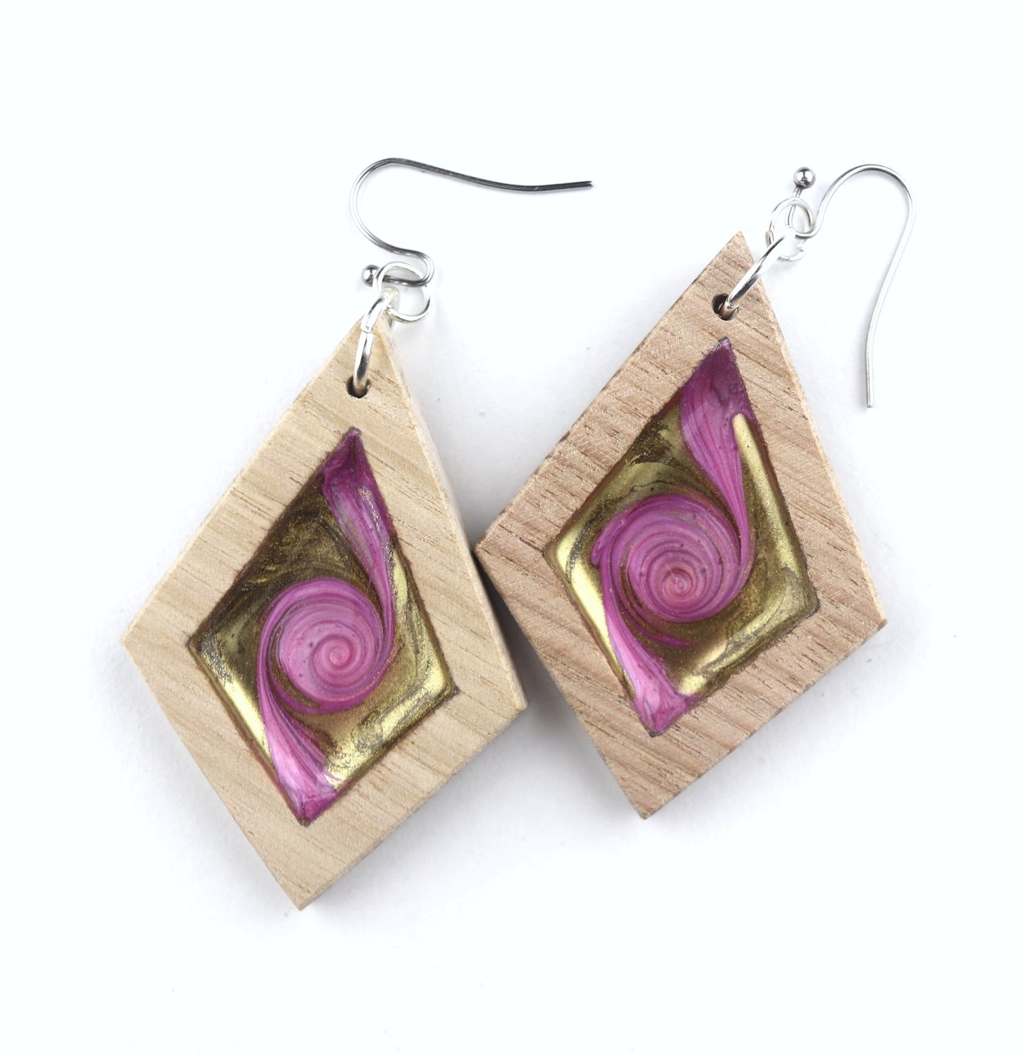 Aurora Earrings – Pink Gold Swirl – Wood & Resin Jewellery