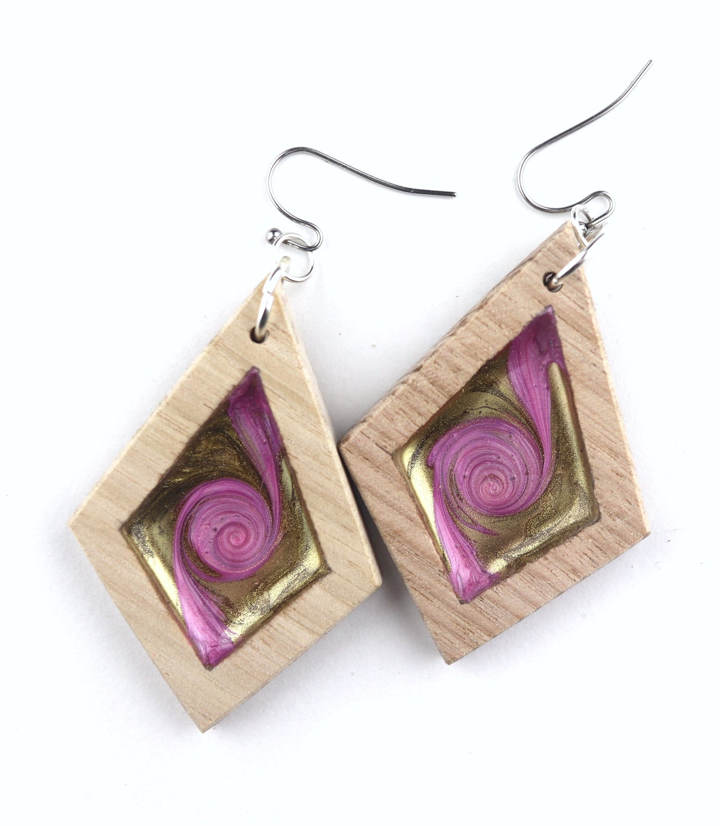 Aurora Earrings – Pink Gold Swirl – Wood & Resin Jewellery