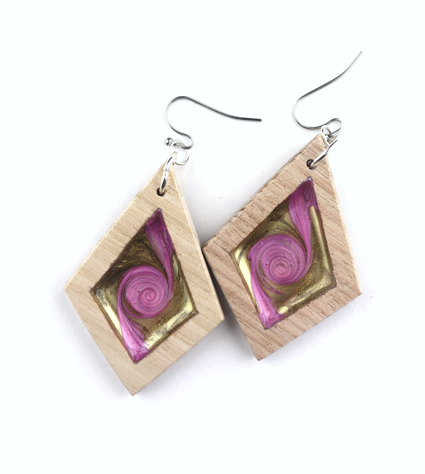Aurora Earrings – Pink Gold Swirl – Wood & Resin Jewellery