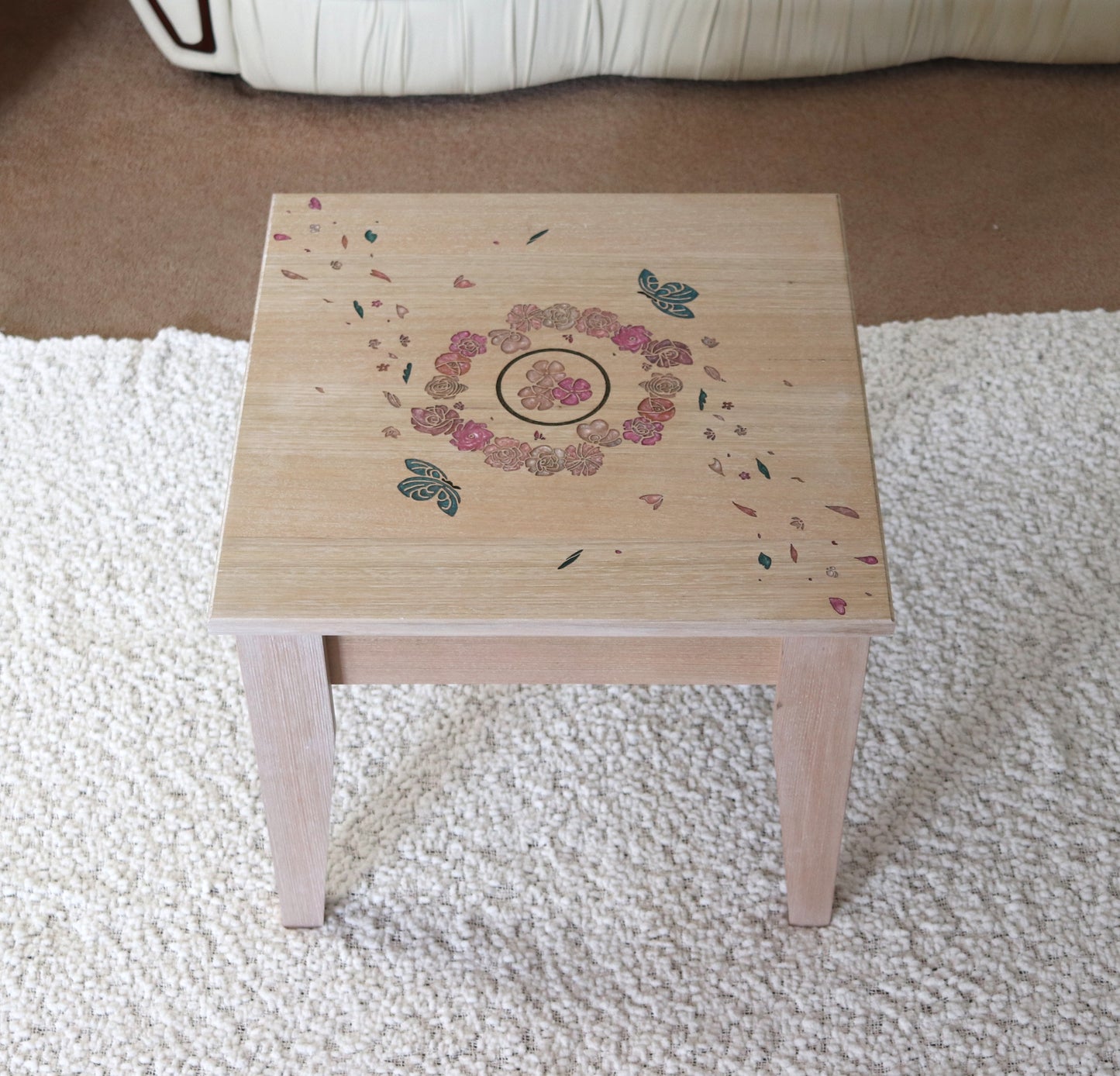 Resin Accent Table - Turquoise Butterflies and Pink Flowers