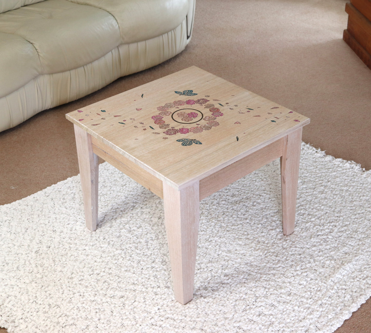 Resin Accent Table - Turquoise Butterflies and Pink Flowers
