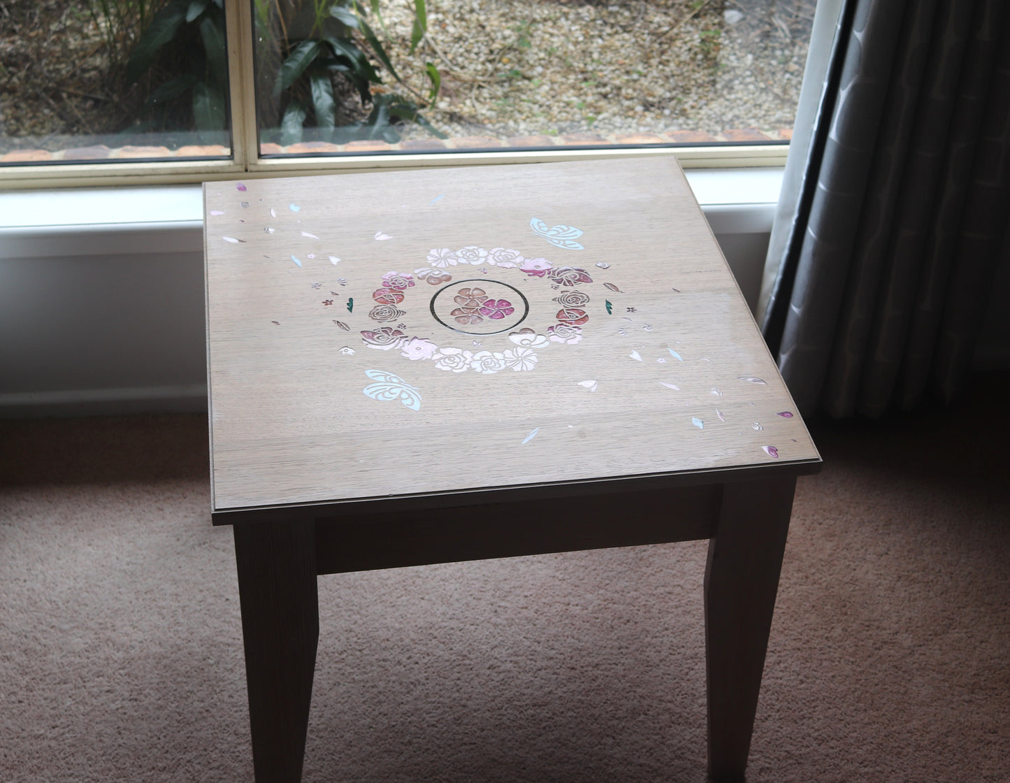 Resin Accent Table - Turquoise Butterflies and Pink Flowers