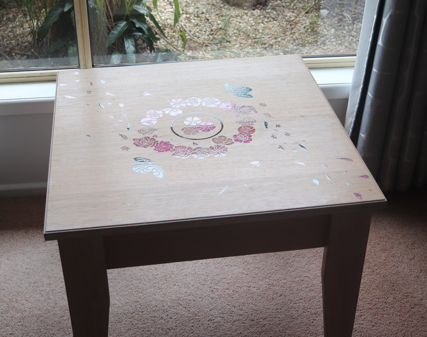 Resin Accent Table - Turquoise Butterflies and Pink Flowers