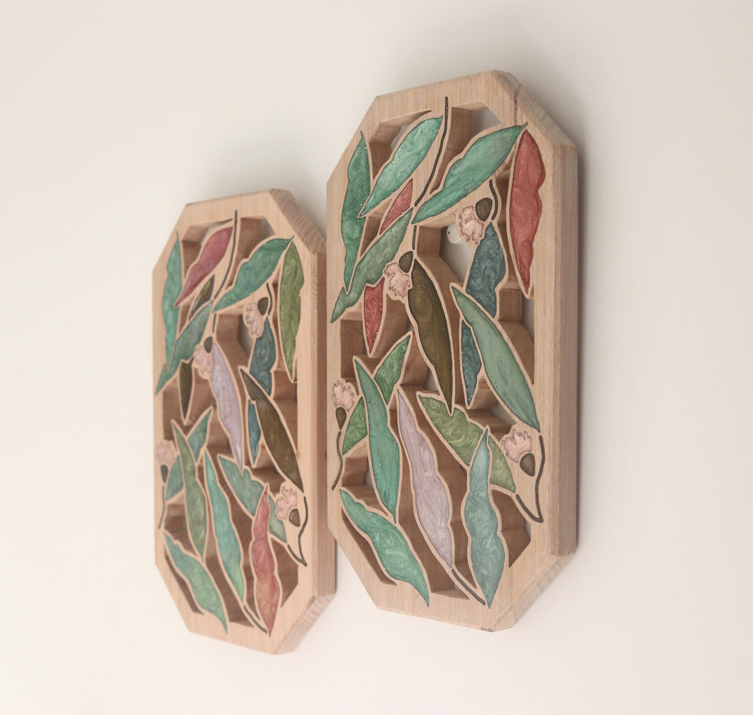 Gum Nuts and Leaves Wood Wall Art - Handcrafted Home Decor - Angled