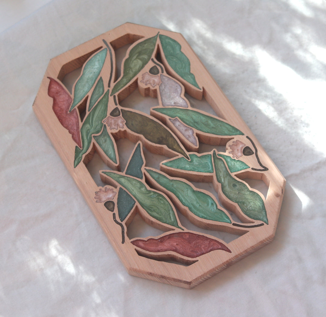 Gum Nuts and Leaves Wood Wall Art - Handcrafted Home Decor - Angled