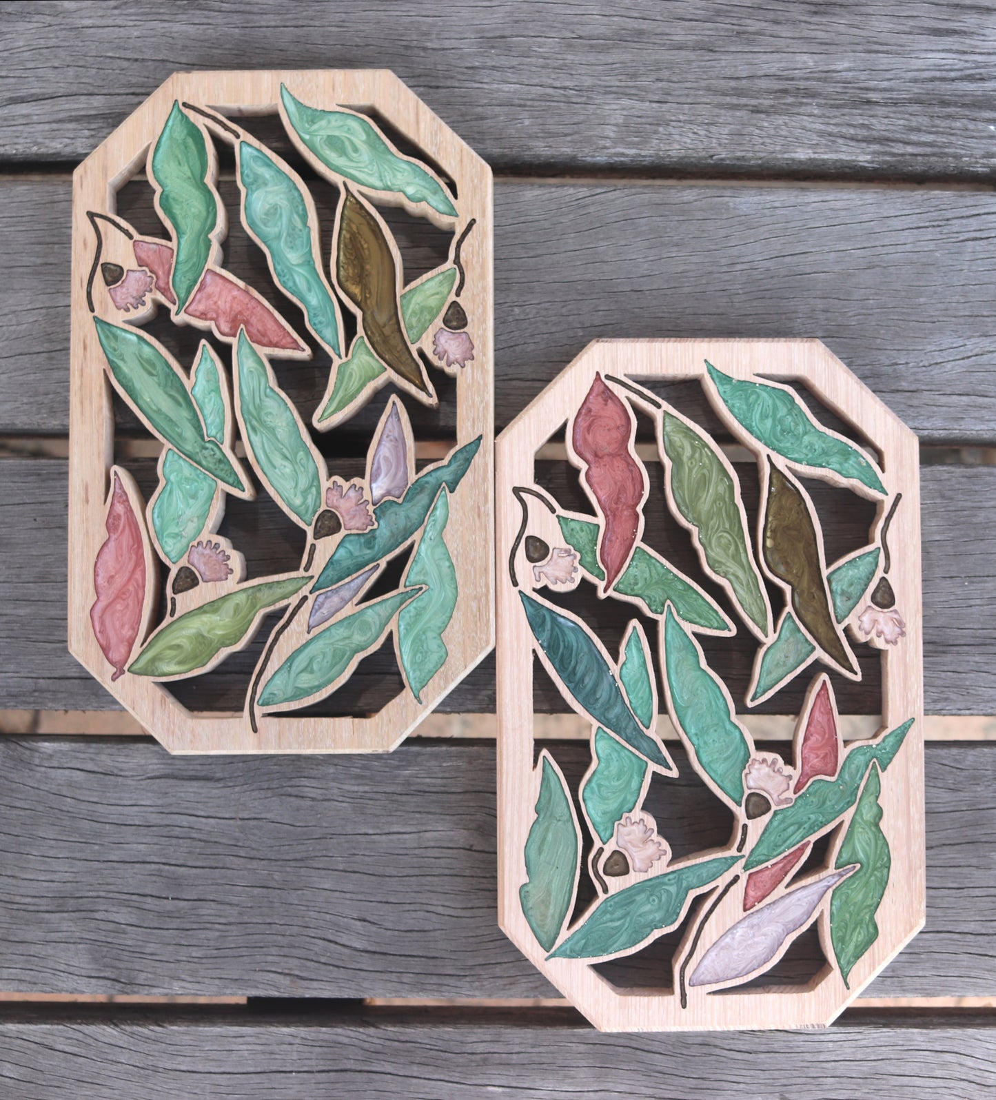Gum Nuts and Leaves Wood Wall Art - Handcrafted Home Decor - Angled