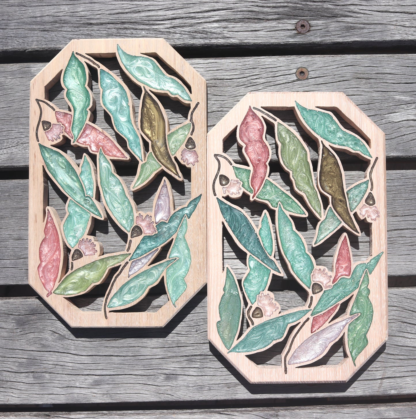 Gum Nuts and Leaves Wood Wall Art - Handcrafted Home Decor - Angled
