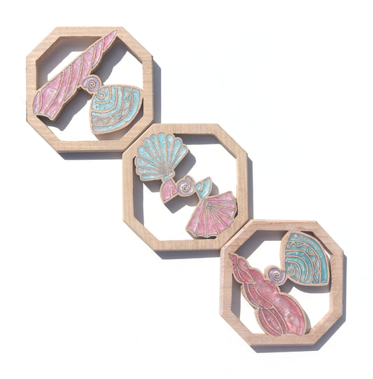 Sea Shells Wood Wall Art- Handcrafted Coastal Decor - Set of 3