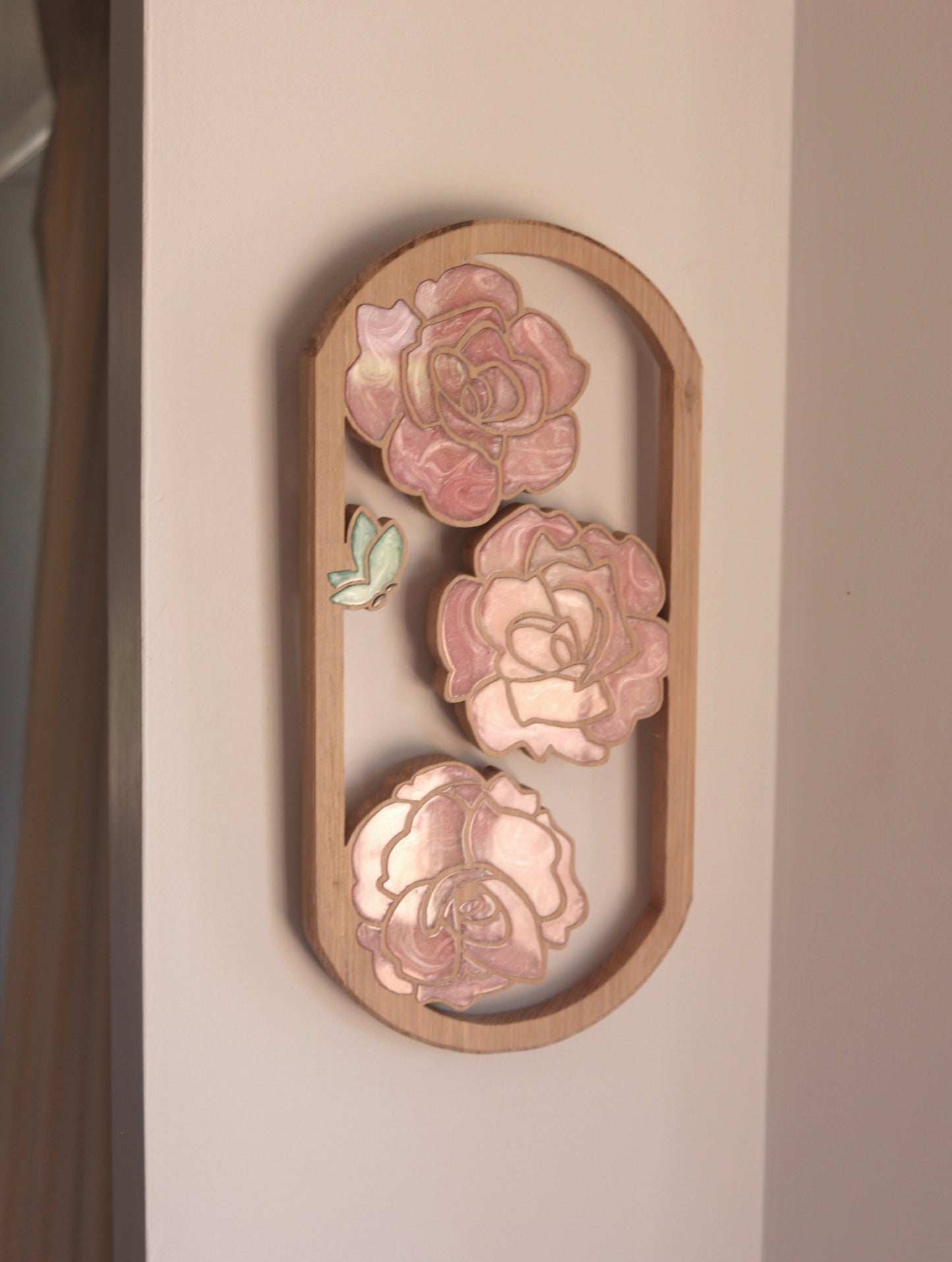 Roses and Butterflies Wood Wall Art - Handcrafted Home Decor - Rounded