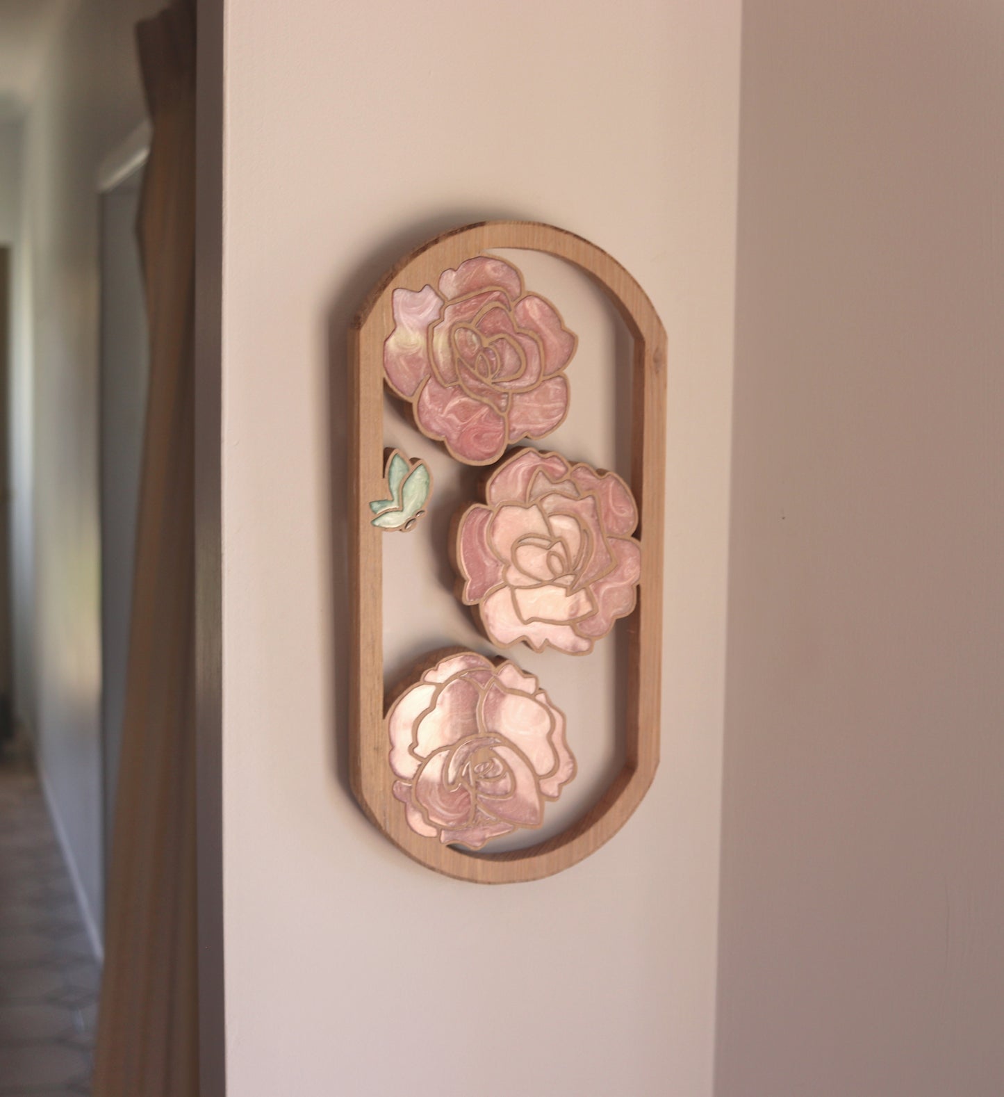 Roses and Butterflies Wood Wall Art - Handcrafted Home Decor - Rounded
