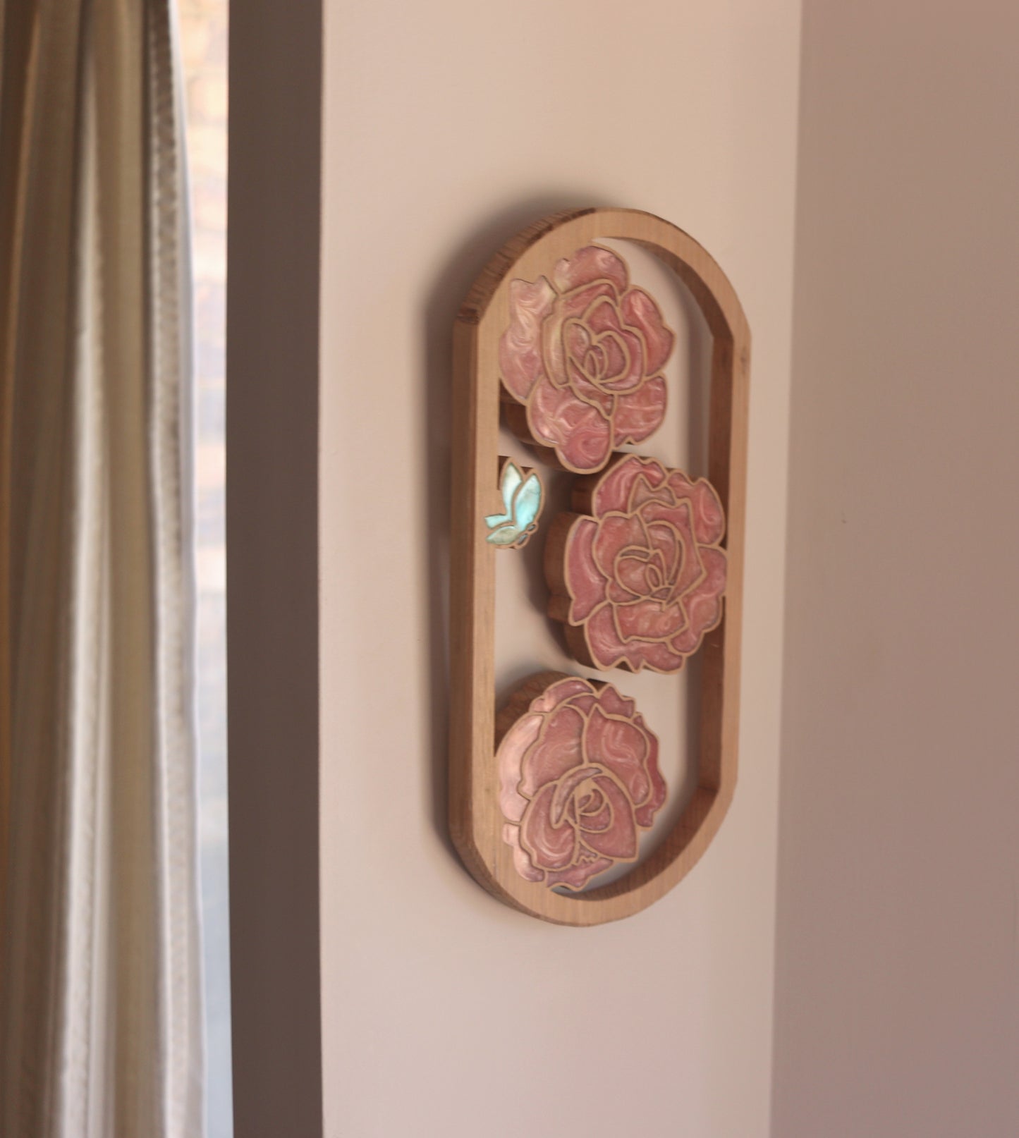 Roses and Butterflies Wood Wall Art - Handcrafted Home Decor - Rounded