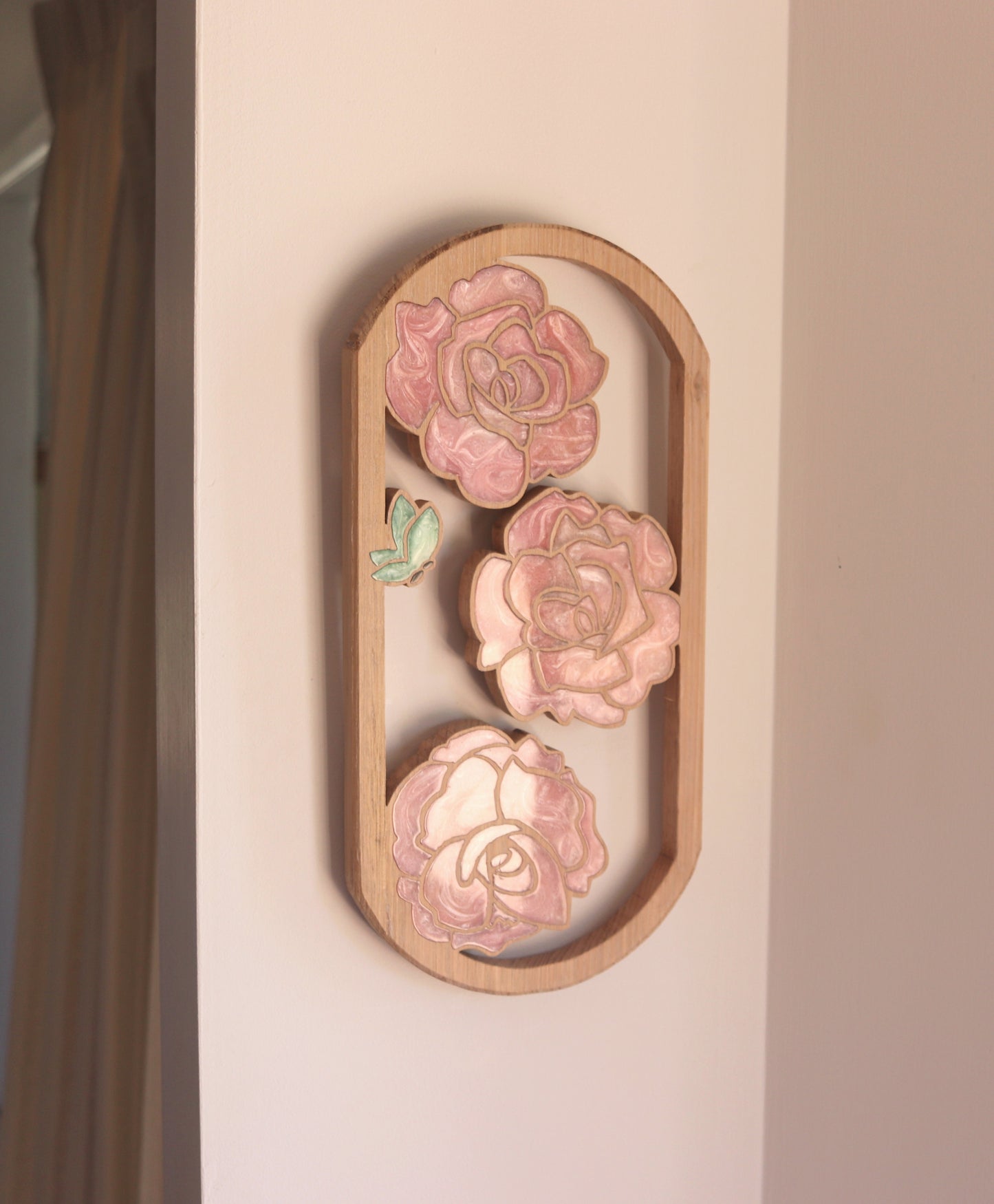 Roses and Butterflies Wood Wall Art - Handcrafted Home Decor - Rounded