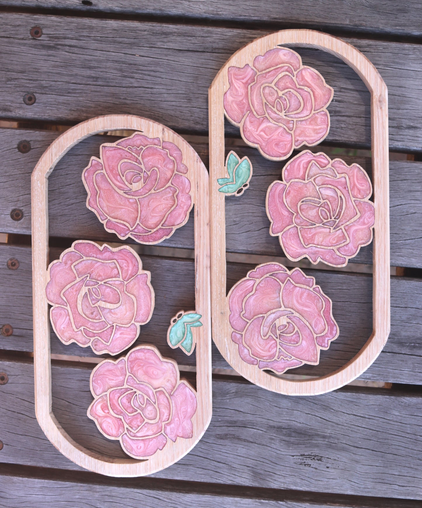 Roses and Butterflies Wood Wall Art - Handcrafted Home Decor - Rounded