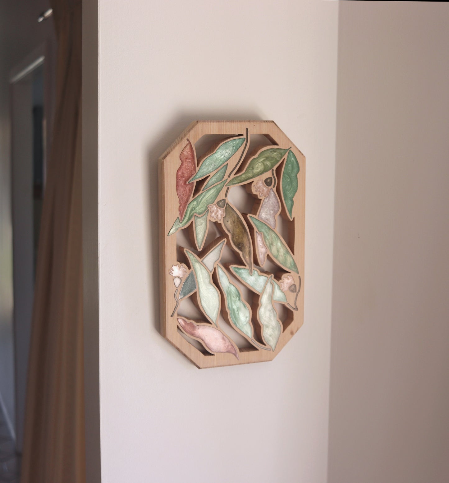 Gum Nuts and Leaves Wood Wall Art - Handcrafted Home Decor - Angled