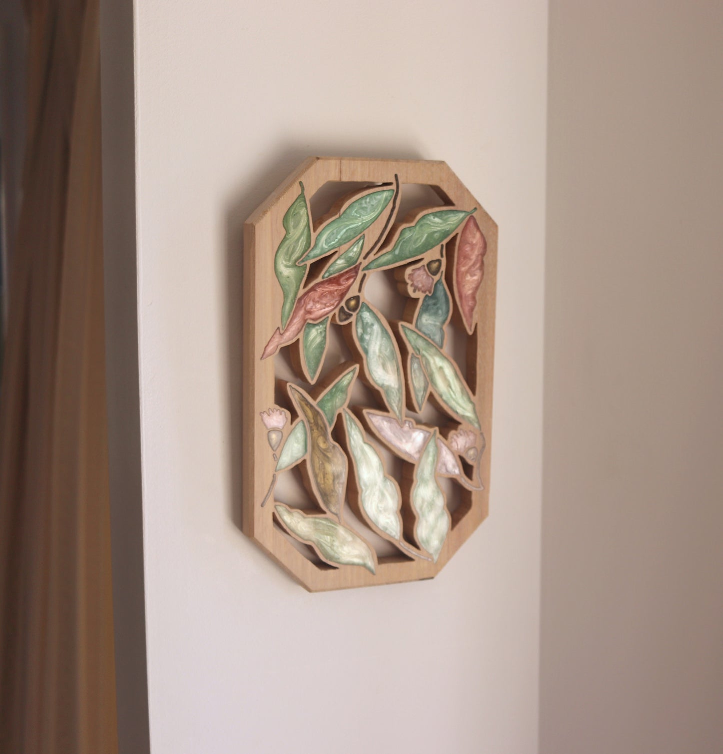 Gum Nuts and Leaves Wood Wall Art - Handcrafted Home Decor - Angled