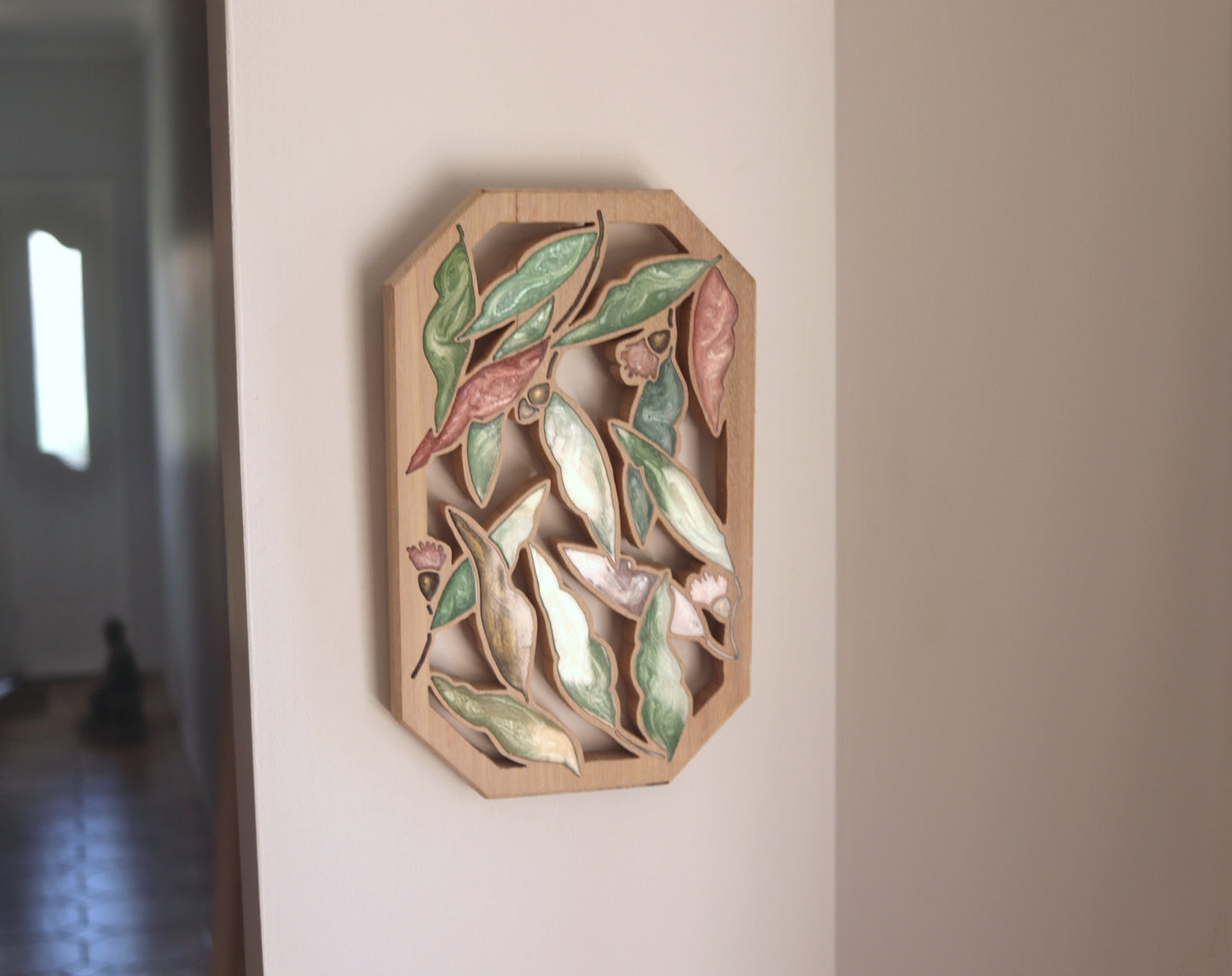 Gum Nuts and Leaves Wood Wall Art - Handcrafted Home Decor - Angled