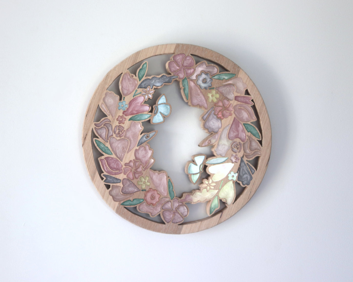Wild Flowers and Butterflies Wood Wall Art - Handcrafted Floral Decor - Circle